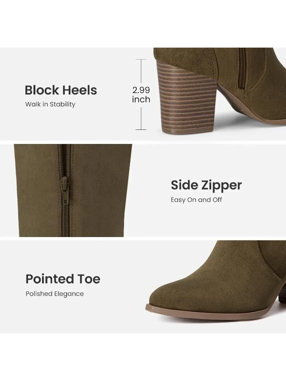 Women Olive Green Suede Chunky Heel Suede Pointed Toe Side Zipper Knee High Boot